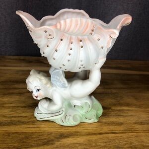 Vintage Occupied Japan Cherub Angel Sea Shell Ceramic Trinket Bowl Vase